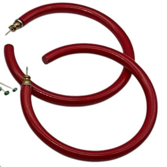 Vintage Red Hoop Earrings - Enamel 2.5 in - Picture 3 of 3